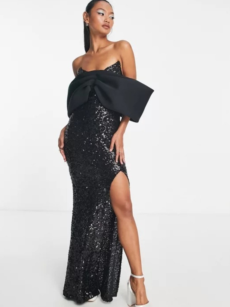 ASOS Design Off Shoulder Split Hem Maxi Dress. Image: ASOS