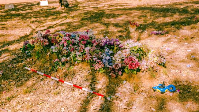 An example of a grave, with flowers on top, at Barunga cemetery. The physical dimensions of graves are one of many aspects that have been documented for the community’s records. PICTURE: Dylan Benedetto. Photos published courtesy of Traditional Owners and Custodians