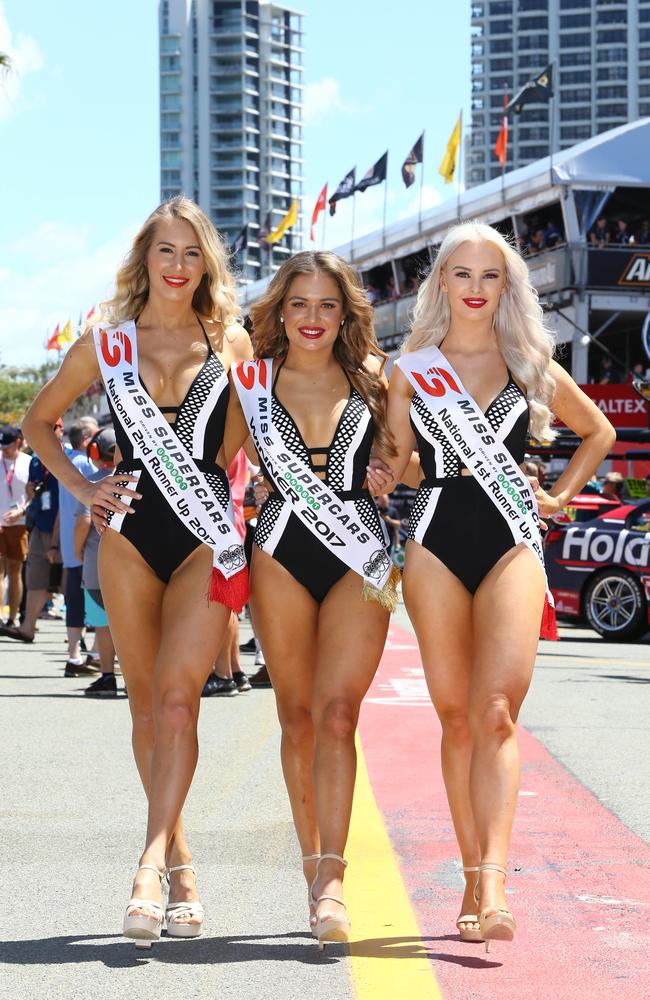 Miss Supercars 2017, Nicole Hall from Brisbane, winner Sophie Budack from Darwin and Michaela Arnott from Nerang. Picture: Glenn Hampson.