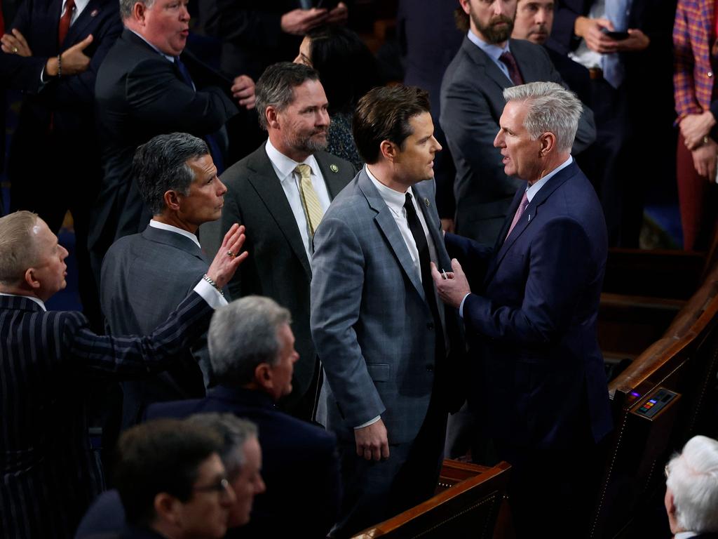 Matt Gaetz and Kevin McCarthy clash in the House of Representatives earlier this year. Picture: Chip Somodevilla/AFP