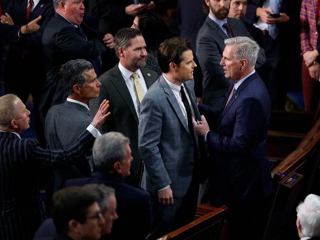 Matt Gaetz and Kevin McCarthy clash in the House of Representatives earlier this year. Picture: Chip Somodevilla/AFP