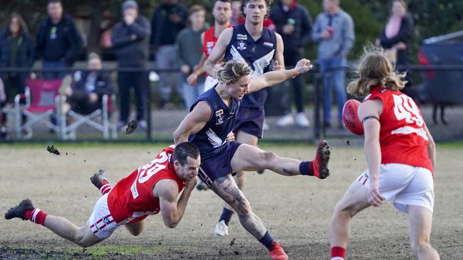 MPNFL: Edithvale-Aspendale’s Kurt Lo Po gets taken down. Picture: Valeriu Campan