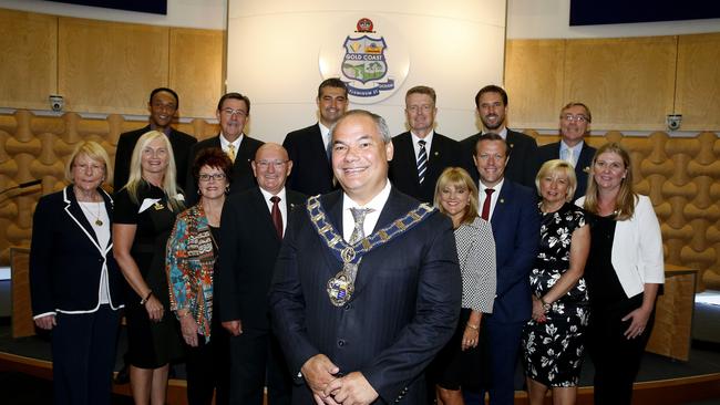 The 2016-2020 Gold Coast City Council being sworn in at the Evandale Council Chambers. (back l-r) Bob La Castra, Gary Baildon AO, Hermann Vorster, William-Owen Jones, Glenn Tozer, Peter Young, (front l-r) Dawn Crichlow, Pauline Young, Daphne McDonald, Paul Taylor, Mayor Tom Tate, Donna Gates, Cameron Caldwell, Councillor Gail O'Neill and Kristyn Boulton. Photo: Jerad Williams