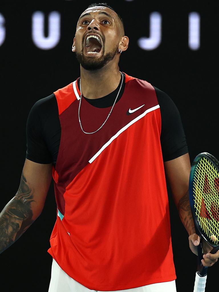 One of Nick Kyrgios’ many emotions in his second round loss to Daniil Medvedev. Picture: Cameron Spencer/Getty Images