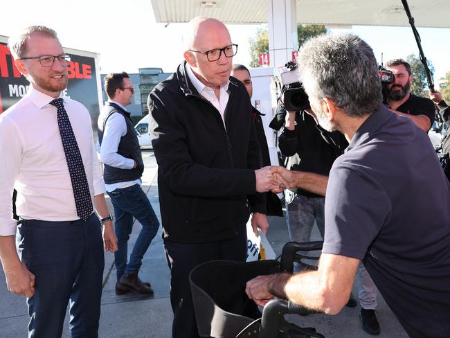 Senator James Paterson with Peter Dutton meet voters in the electorate of Gorton. Picture: Adam Head