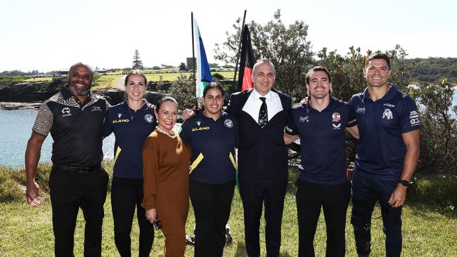 Rhys Wesser, Monique Donovan, Minister for Indigenous Australians Linda Burney, Nakia Davis Welsh, NRL chief executive Andrew Abdo, Connor Watson and Braidon Burns helped launch NRL Indigenous Round. Picture: Matt King/Getty Images