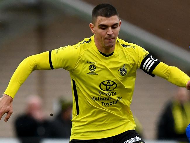 Ajdin Fetahagic of Heidelberg United and Kristian Trajceski of Avondale compete for the ball during the round 22 NPL VIC Mens match between Heidelberg United and Avondale at John Cain Memorial Park in Thornbury, Victoria on July 15, 2023. (Photo by Josh Chadwick)