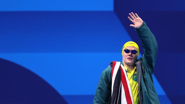 NANTERRE, FRANCE - AUGUST 29: Timothy Hodge of Team Australia acknowledges the crowd prior to the Men's 400m Freestyle - S9 Heats on day one of the Paris 2024 Summer Paralympic Games at Paris La Defense Arena on August 29, 2024 in Nanterre, France. (Photo by Michael Reaves/Getty Images)