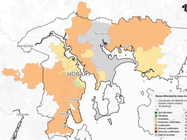 For people on average incomes, almost all parts of Greater Hobart are considered moderately unaffordable or unaffordable.