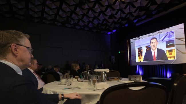 Reserve Bank of Australia governor Philip Lowe watching the address by Treasurer Jim Chalmers at The Australian Strategic Business Forum. Picture: Arsineh Houspian