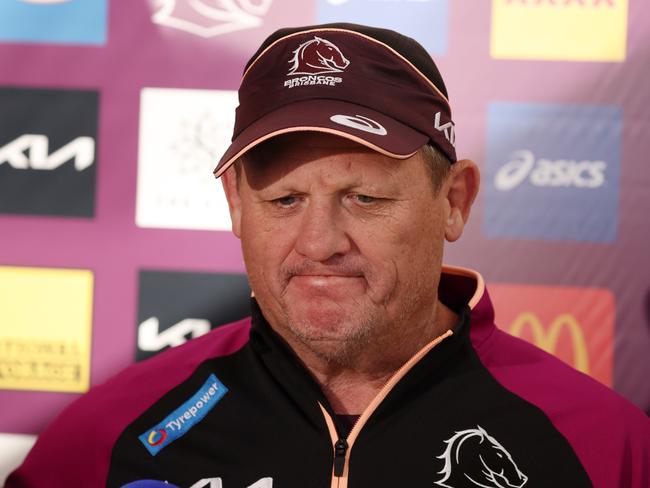 Coach Kevin Walters focused on defence at Brisbane’s Monday training session. Picture: Liam Kidston