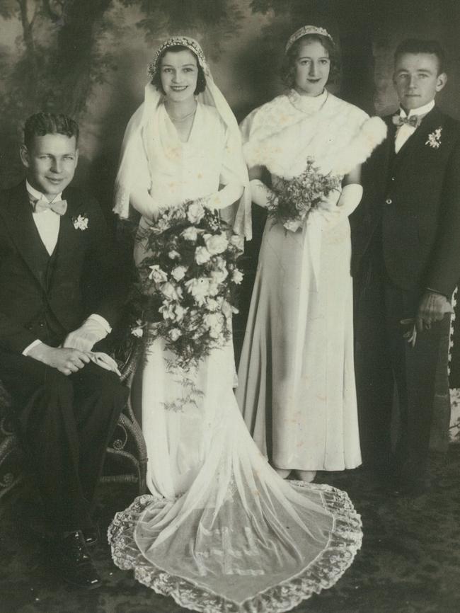 Jean Sully’s 1930s bridal outfit featured an embroidered reverse swastika in the veil.