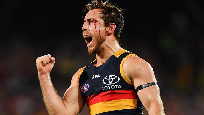 Richard Douglas celebrates a goal in Adelaide’s win over GWS. Picture: Getty Images