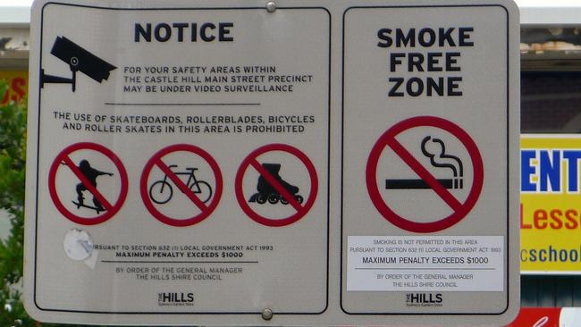 A fine sign for smoking, riding a bike or roller blades in Castle Mall precinct. Picture: Nigel Gladstone