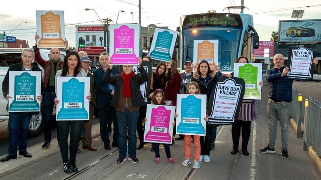 Protesters at the site of a proposed tram terminus in Pascoe Vale South. Picture: Mark Dadswell