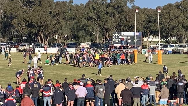 Fans and players celebrate after Narrandera defeated Ivanhoe in last year’s grand final. Photo: ProTen Community Cup