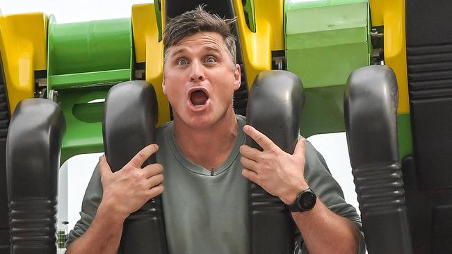 Shane Crawford on the newest and biggest ride, The Beast. Shane Crawford road tests Royal Melbourne Show rides. Picture: Jason Edwards