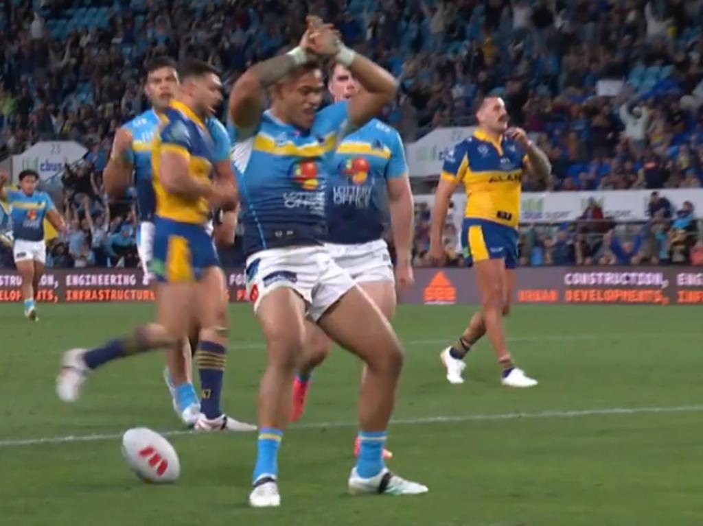 Phillip Sami celebrates a try against the Eels with his version of the Gutherino. Picture: Fox League