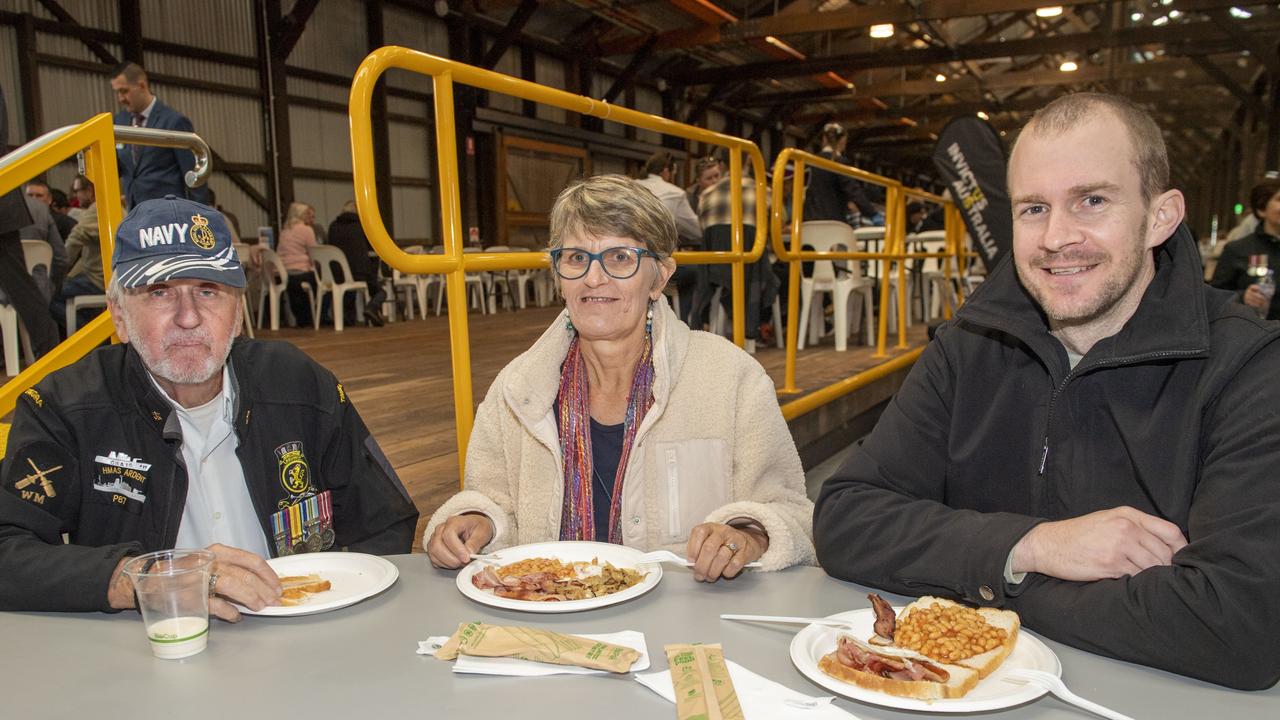 (from left) Craig Fothergill, Alison Kenny and Andrew Kenny at The Goods Shed on ANZAC DAY. Tuesday, April 25, 2023. Picture: Nev Madsen.