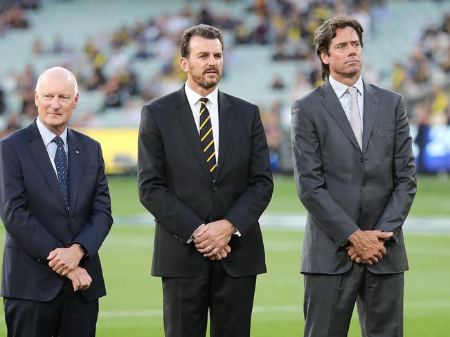 AFL Round 1. 18/03/2021. Richmond vs Carlton at the MCG, Melbourne.  AFL Commision Richard Goyder, Richmond CEO Brendon Gale and AFL  CEO Gillon McLachlan    . Pic: Michael Klein