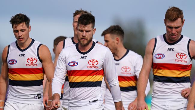 Bryce Gibbs and his Crows teammates after the season-ending loss to the Western Bulldogs in Ballarat. Picture: AAP Image/Scott Barbour