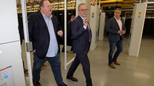 Australian tech entrepreneur Bevan Slattery (left) guides Prime Minster Anthony Albanese on a tour of the International Digital Superhighway facility in Shenton Park, Perth. Picture: NCA NewsWire/Sharon Smith