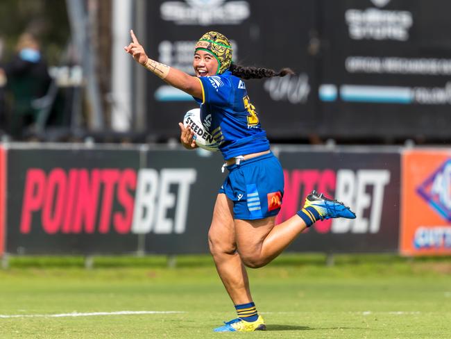 Leonia Vei celebrates on her way to scoring a try to seal the win for the Eels. Picture: Adam Wrightson Photography