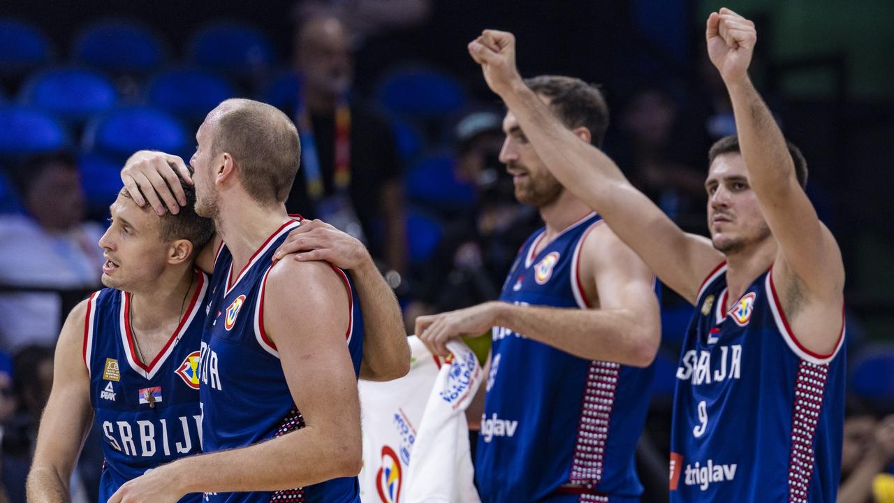 Serbia celebrates after winning their way into the semis.