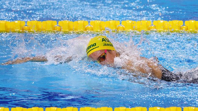 Milla Jansen of Australia competes in Heat 2 of the Women's 4x200m Freestyle Relay during day three of the World Aquatics Swimming Championships (25m) 2024. (Photo by Dean Mouhtaropoulos/Getty Images)