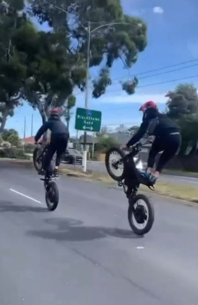 Two hoons ride dangerously on Millers Rd in Altona North. Picture: Instagram/melbourne_hittas