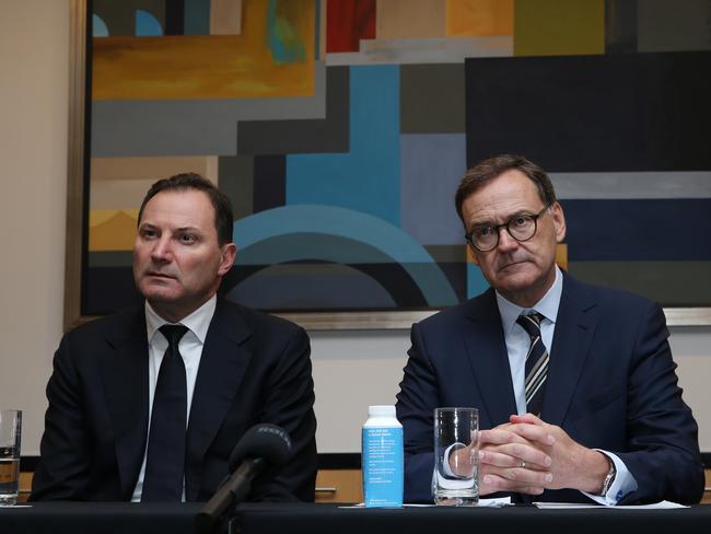 23/11/2023. Origin Shareholder Vote on Proposed $20bn Deal, meeting is adjourned at opening, held at Swissotel in Sydney. Chair Scott Perkins and CEO Frank Calabria hold a press conference after the meeting is adjourned. Britta Campion / The Australian