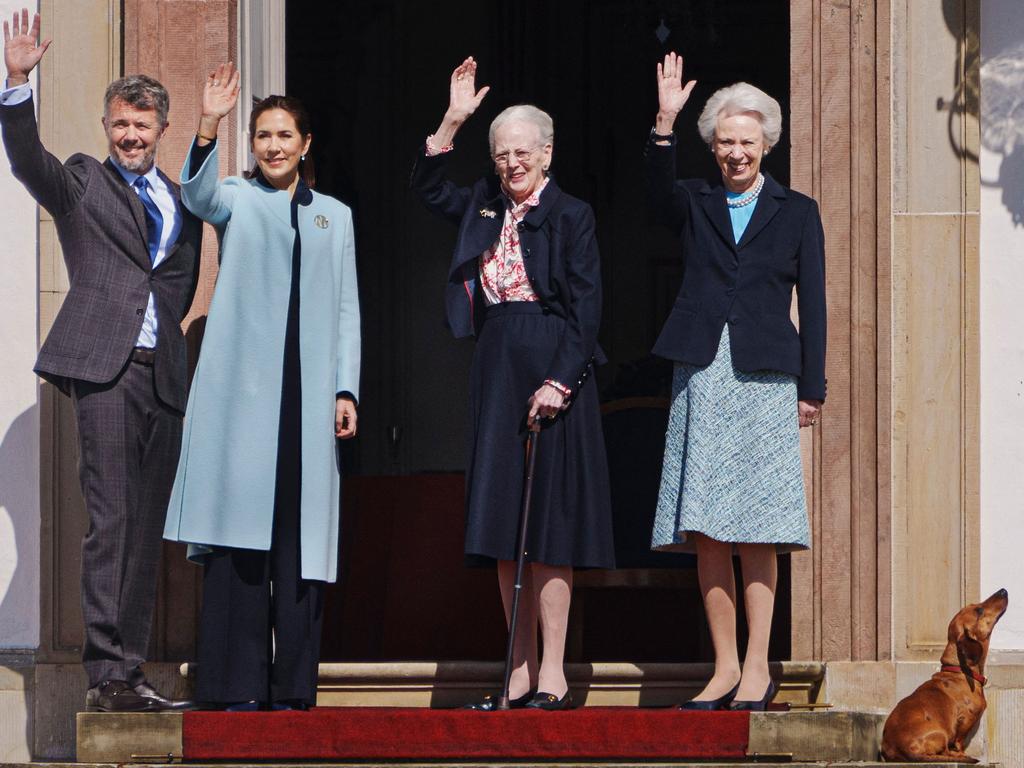 King Frederik and Queen Mary join Queen Margrethe II, Princess Benedikte and Tilia the Daschund on April 16. Picture: Liselotte Sabroe / AFP