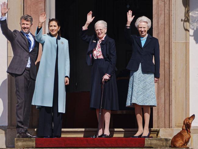 King Frederik and Queen Mary join Queen Margrethe II, Princess Benedikte and Tilia the Daschund on April 16. Picture: Liselotte Sabroe / AFP