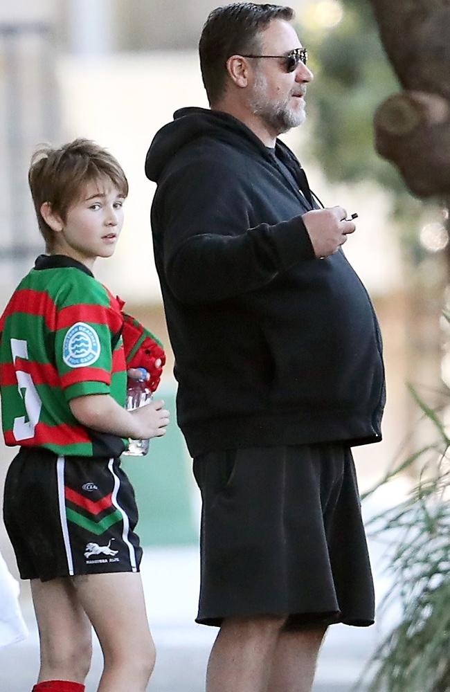 Russell Crowe at his son Tennyson's NRL game. Picture: BACKGRID