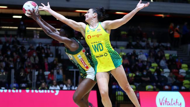 Ash Brazill in action for Australia against South Africa at the Netball Quad Series in London. Photo: Getty Images