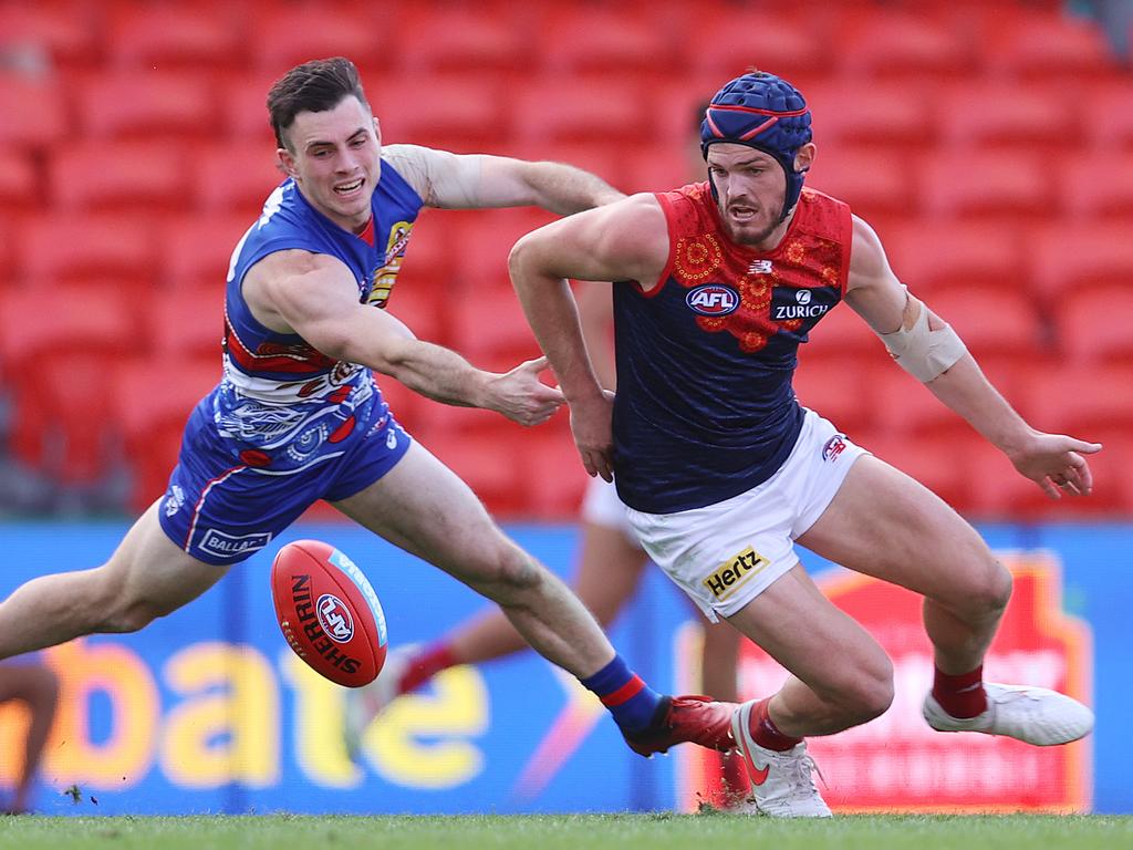 Melbourne’s Angus Brayshaw and Western Bulldog Toby McLean both had premature ends to 2020 due to injury. Picture: Michael Klein