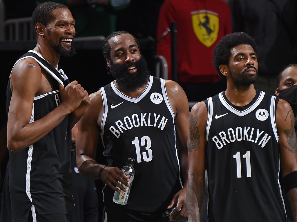 With COVID-19 cases rising, the only path the Nets may have to convince Kyrie Irving to get vaccinated and back on the court is with some personal encouragement from Kevin Durant and James Harden. Picture: NBAE via Getty Images
