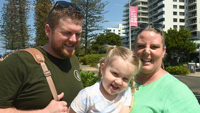 Richie, Harper, 2, and Courtney Morgan at the Mooloolaba Foreshore Festival. Picture: Tegan Annett