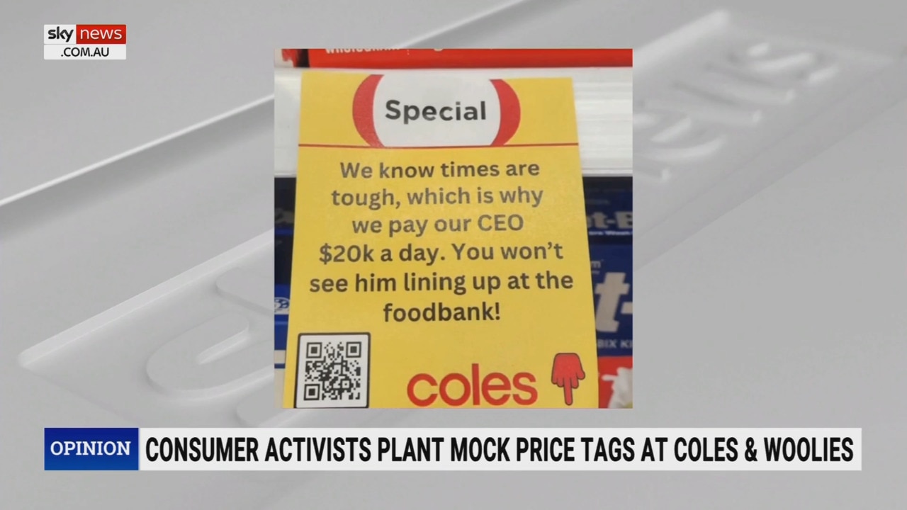 Sky News host Paul Murray reacts to consumer activists putting up fake price tags that accuse supermarket giants of price gouging amid cost-of-living pressures.