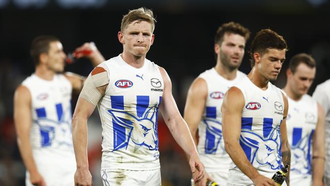 Jack Ziebell lead the Kangaroos off Marvel Stadium. Picture: Daniel Pockett/Getty Images