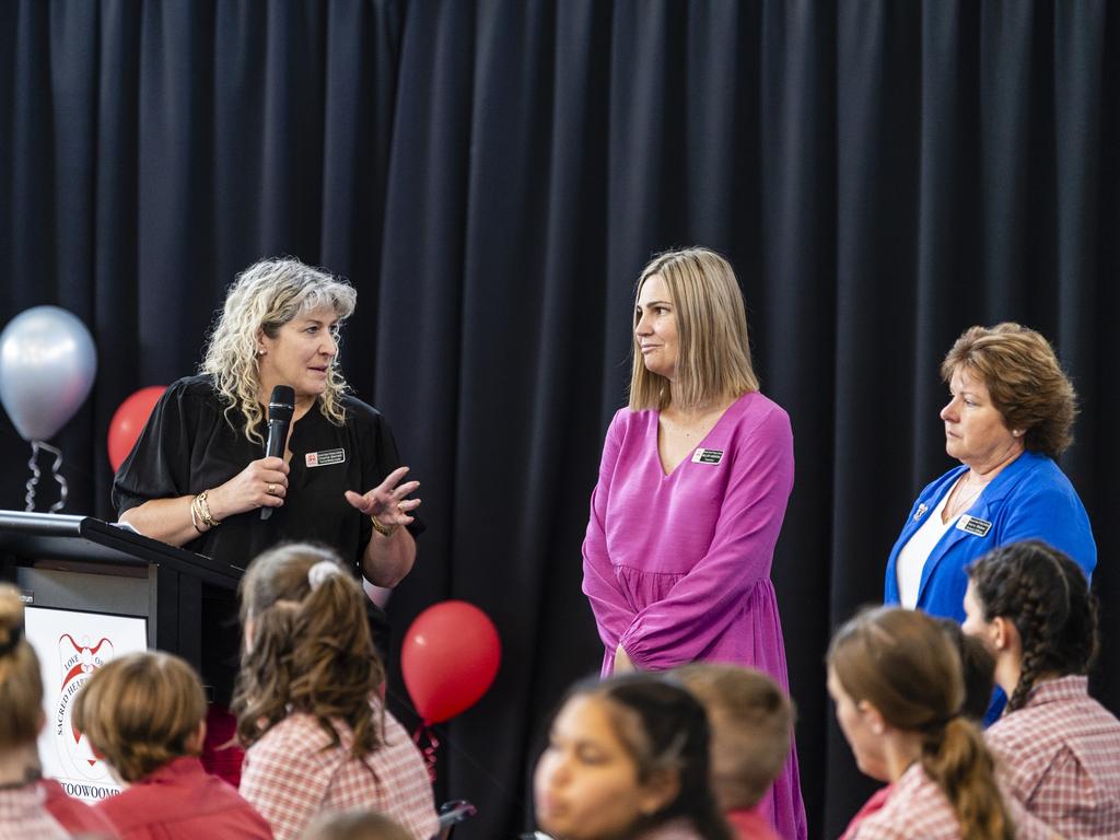 Sacred Heart Primary School Year 6 staff (from left) Charlie Barrett, Mallory Anderson and Kerry Weber farewell the Year 6 cohort at the awards presentation and Yr 6 graduation, Friday, December 2, 2022. Picture: Kevin Farmer