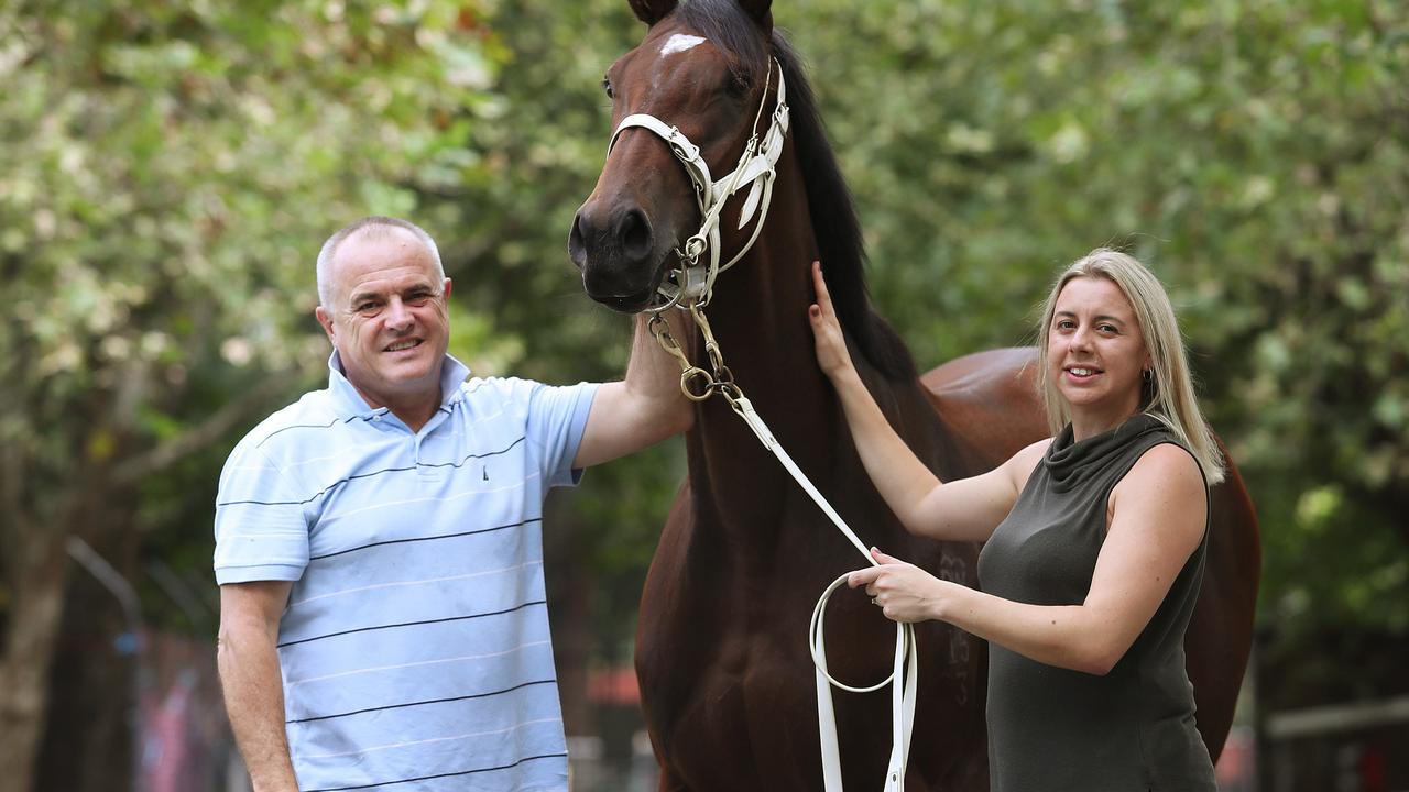 Trainers Lee and Cherie Curtis with Lasqueti Spirit at their Rosehill stable in Sydney. Picture: Brett Costello