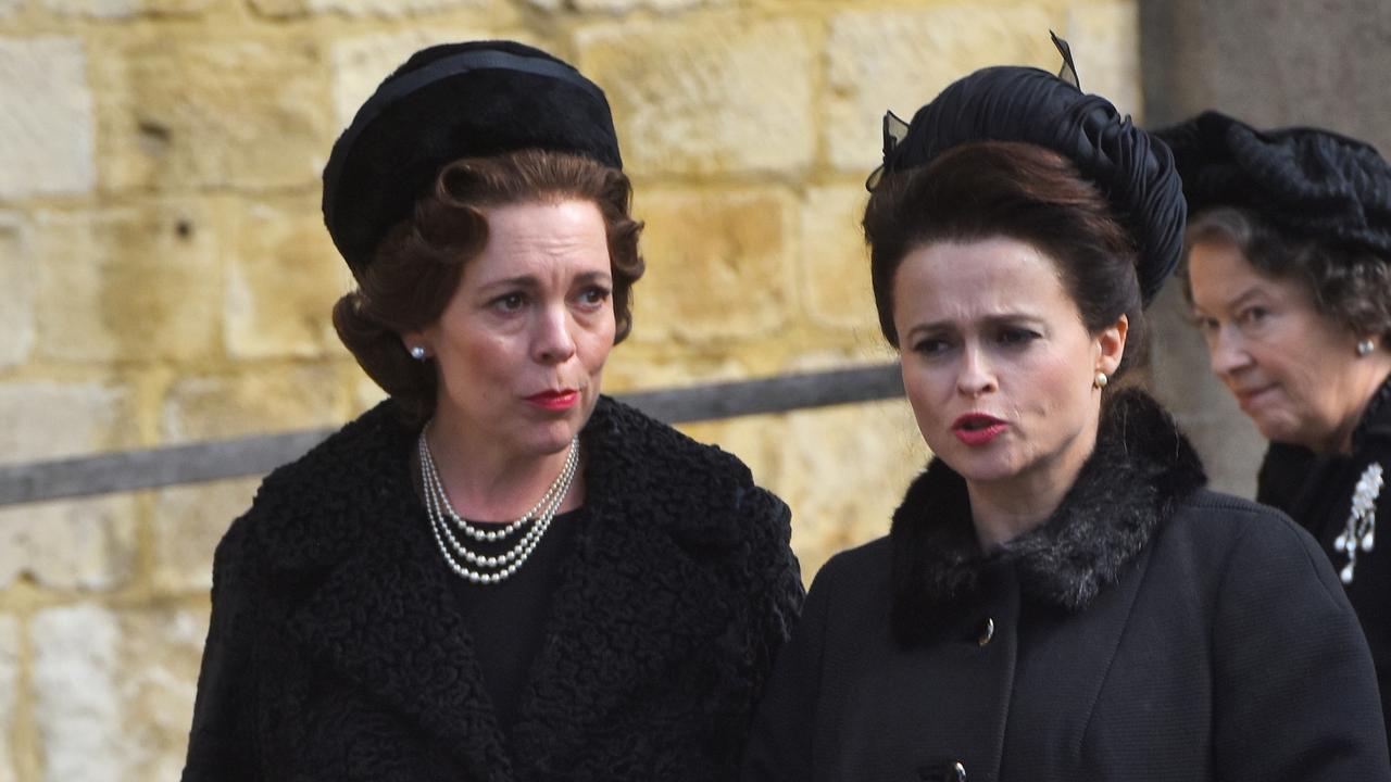 Olivia Coleman as the Queen and Helena Bonham-Carter as Princess Margaret on the set of The Crown. Picture: Australscope/Netflix