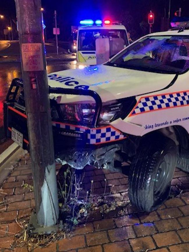 A police vehicle damaged in the incident. Picture: QPS