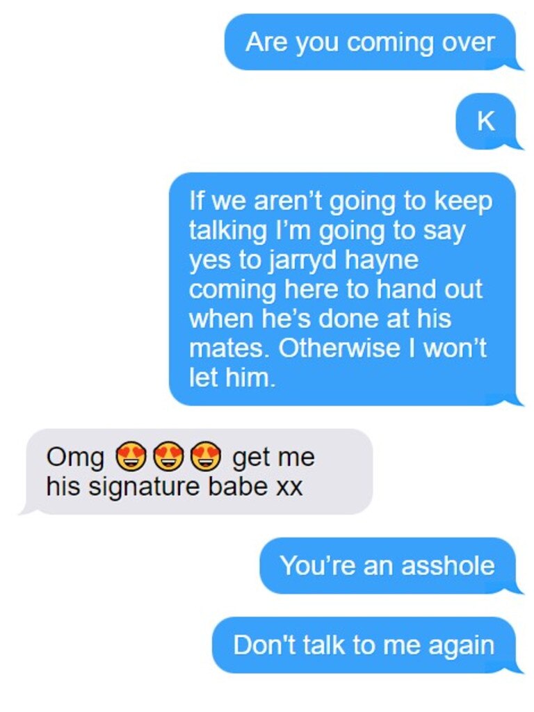 Mr Page told the court he didn’t want to see the woman. Picture: Mockup from texts tendered in court documents