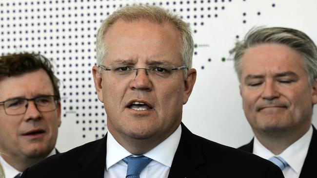 Prime Minister Scott Morrison speaks to the media during the official opening of the Western Sydney International Experience Centre. Picture: Bianca De Marchi