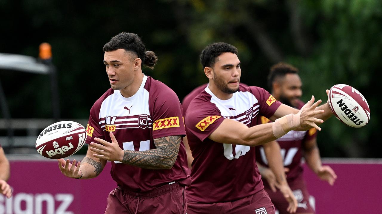 (L-R) Maroons stars Jaydn Su'A and Xavier Coates have strong ties to PNG. Picture: Getty Images