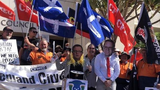 A union rally outside Redland City Council in 2023 with placards against the previous mayor Karen Williams and CEO Andrew Chesterman. Picture: Judith Kerr