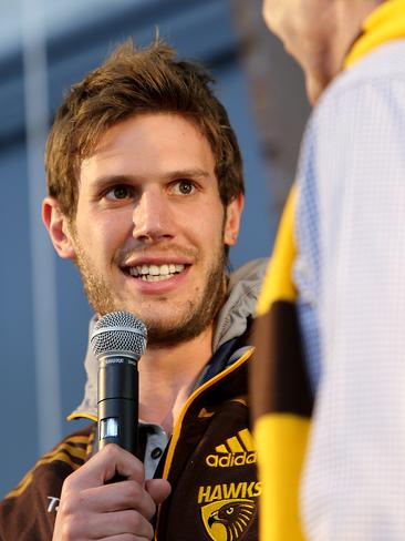 Tasmanian Hawthorn player Grant Birchall speaks to the crowd at Princes Wharf in Hobart. Picture: SAM ROSEWARNE