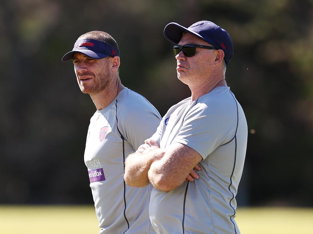 Melbourne senior coach Simon Goodwin with footy manager Alan Richardson. Picture: Michael Klein.